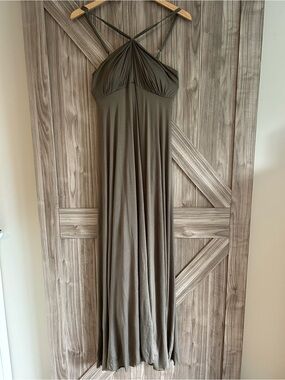 Rubber Ducky Olive Green Halter Maxi Dress Sz L 60" Long